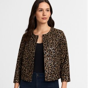 Ruby Rd Sequin Leopard Print Open Front Jacket Size 8